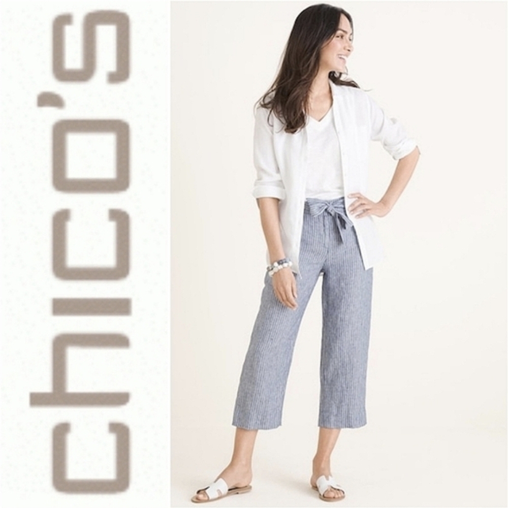 NWT Chico's 100% Linen Belted Stripe Crop Fashion Pants US 10 1.5